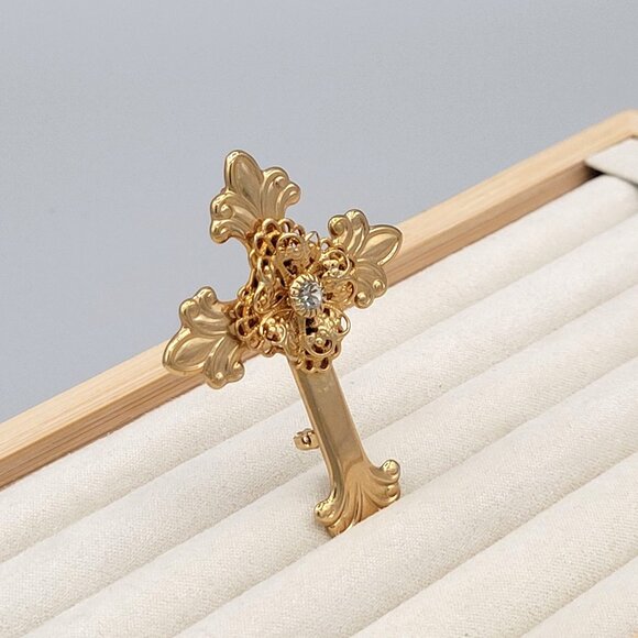 Jane Davis Angel of Love AOL Cross Pin Brooch Crystal Center Gold Tone Vtg 1999 - Picture 3 of 7